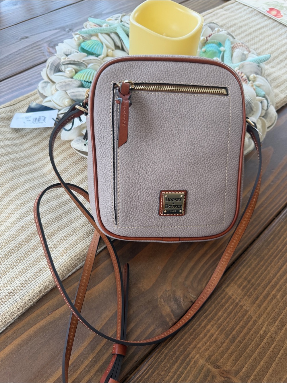 Dooney & Bourke Pebbled Leather Crossbody in Light Taupe with Cognac Trim